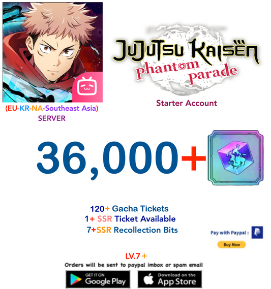 (NA-EU-KR-SA Server) 32.000 - 120 tickets  Gems  Jujutsu Kaisen: Phantom Parade Reroll Starter Account