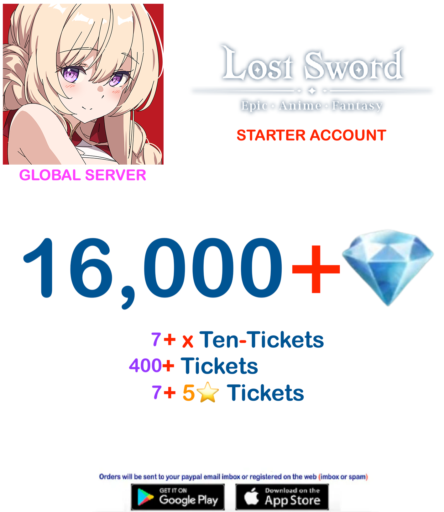[Global  Server][BUY 2 - GET 3] 16,000 + Gems  Lost Sword Starter Account