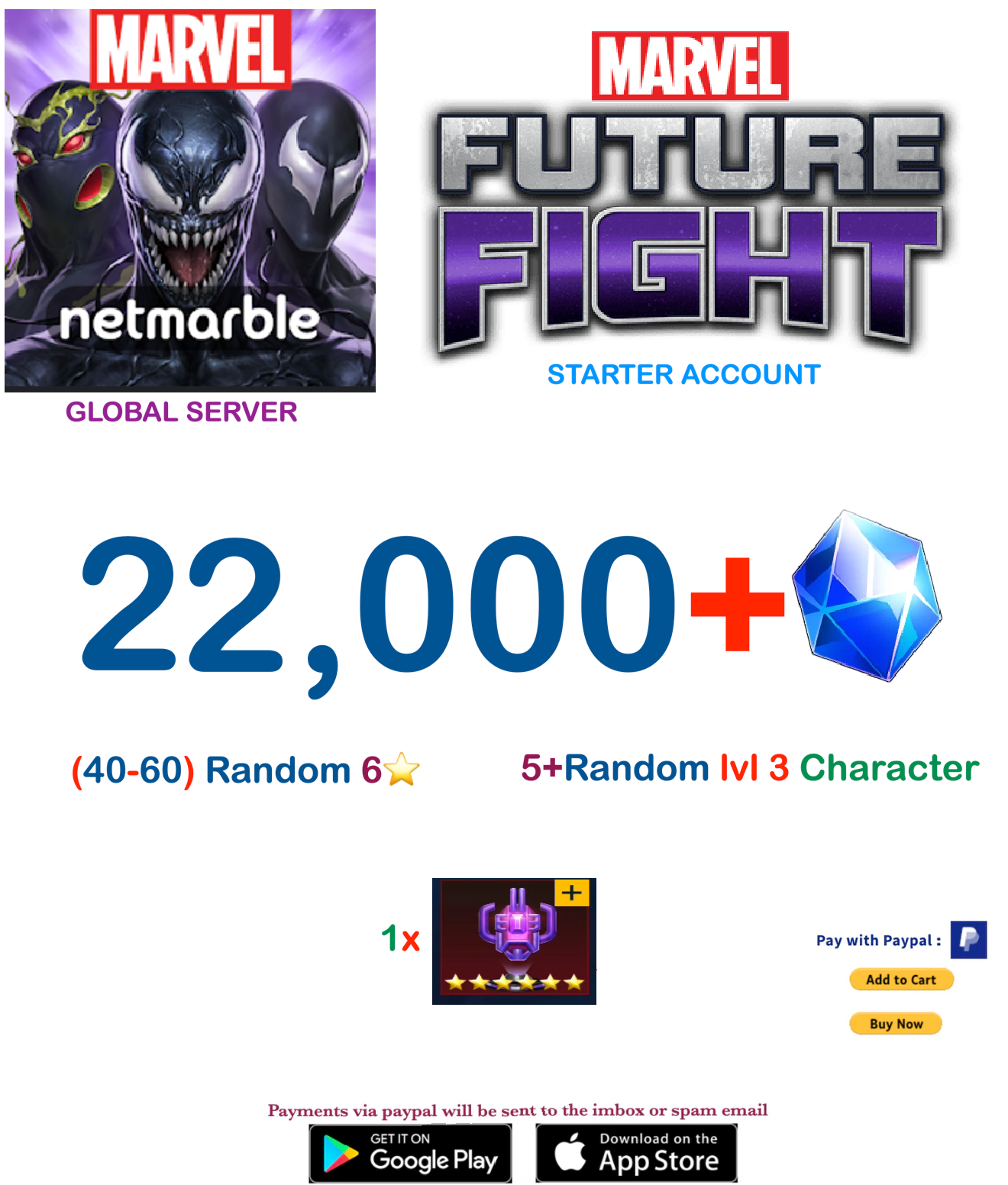 (Global Server)  22,000 Gems  Marvel Future Fight Starter Account v1