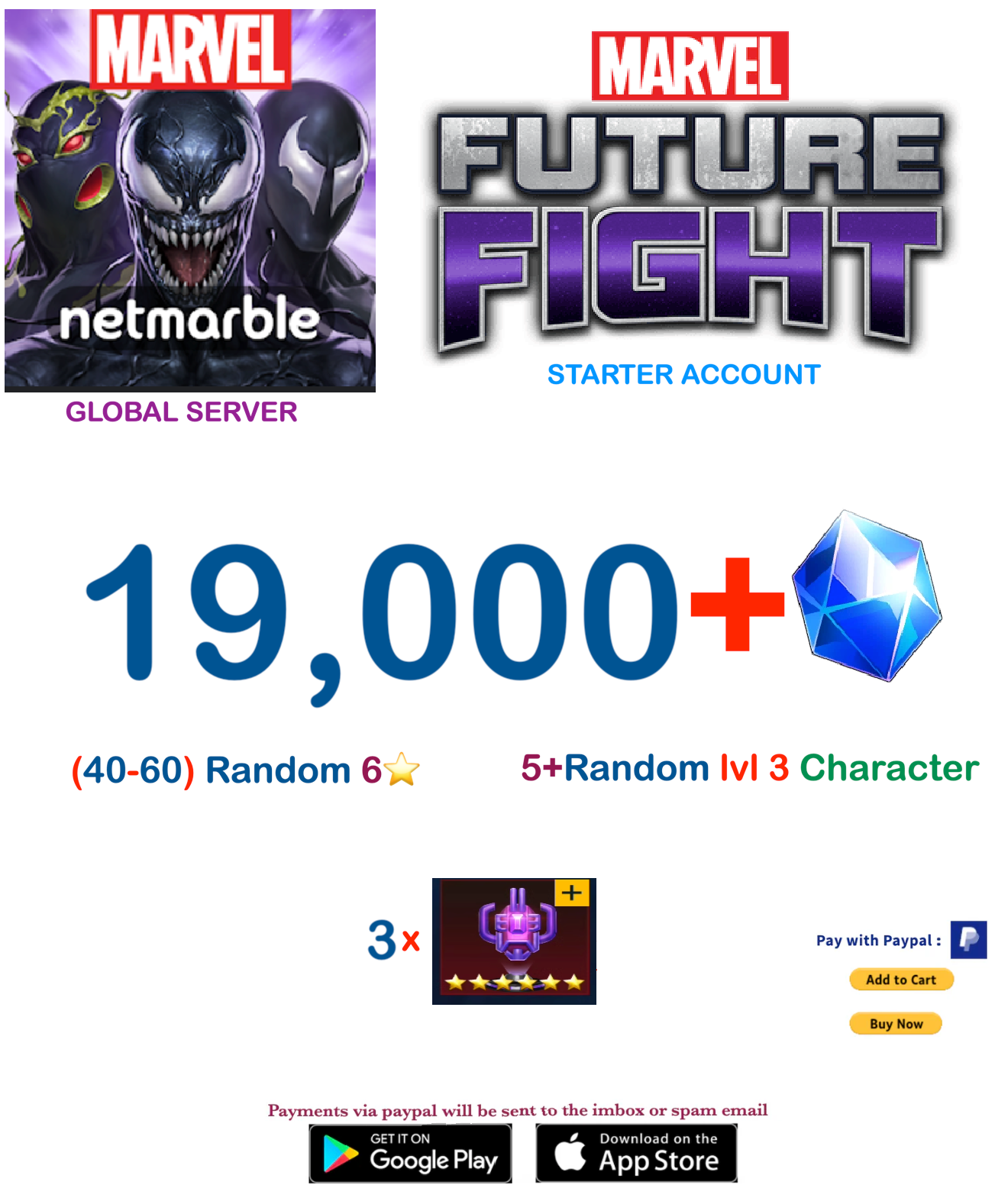 (Global Server)  19,000 Gems  Marvel Future Fight Starter Account v3