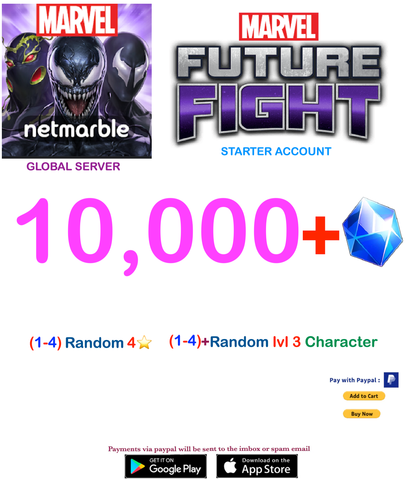(Global Server)  10,000 Gems  Marvel Future Fight Starter Account v1