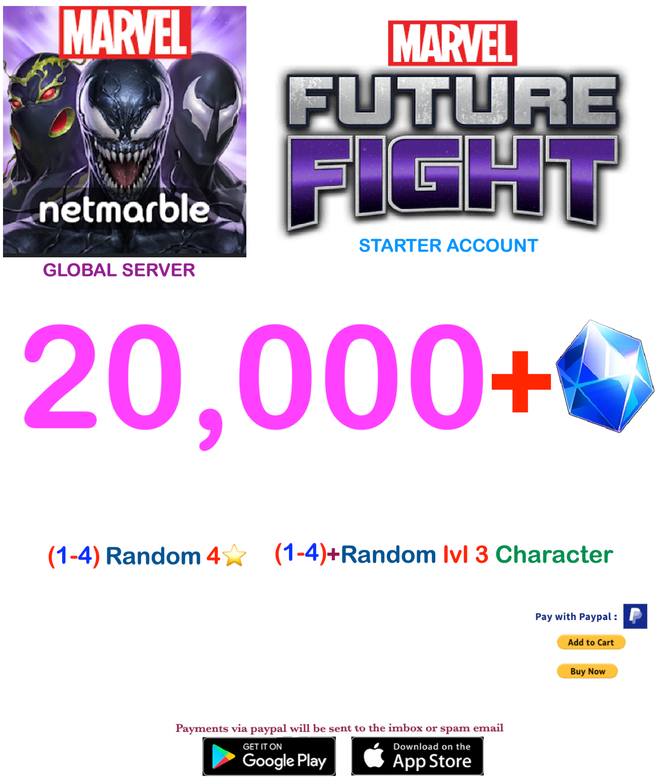 (Global Server)  20,000 Gems  Marvel Future Fight Starter Account v3