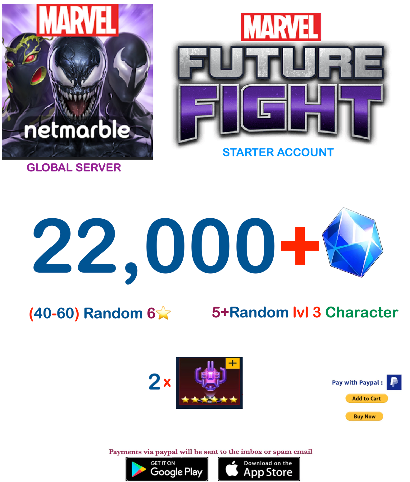 (Global Server)  20,000 Gems  Marvel Future Fight Starter Account v2