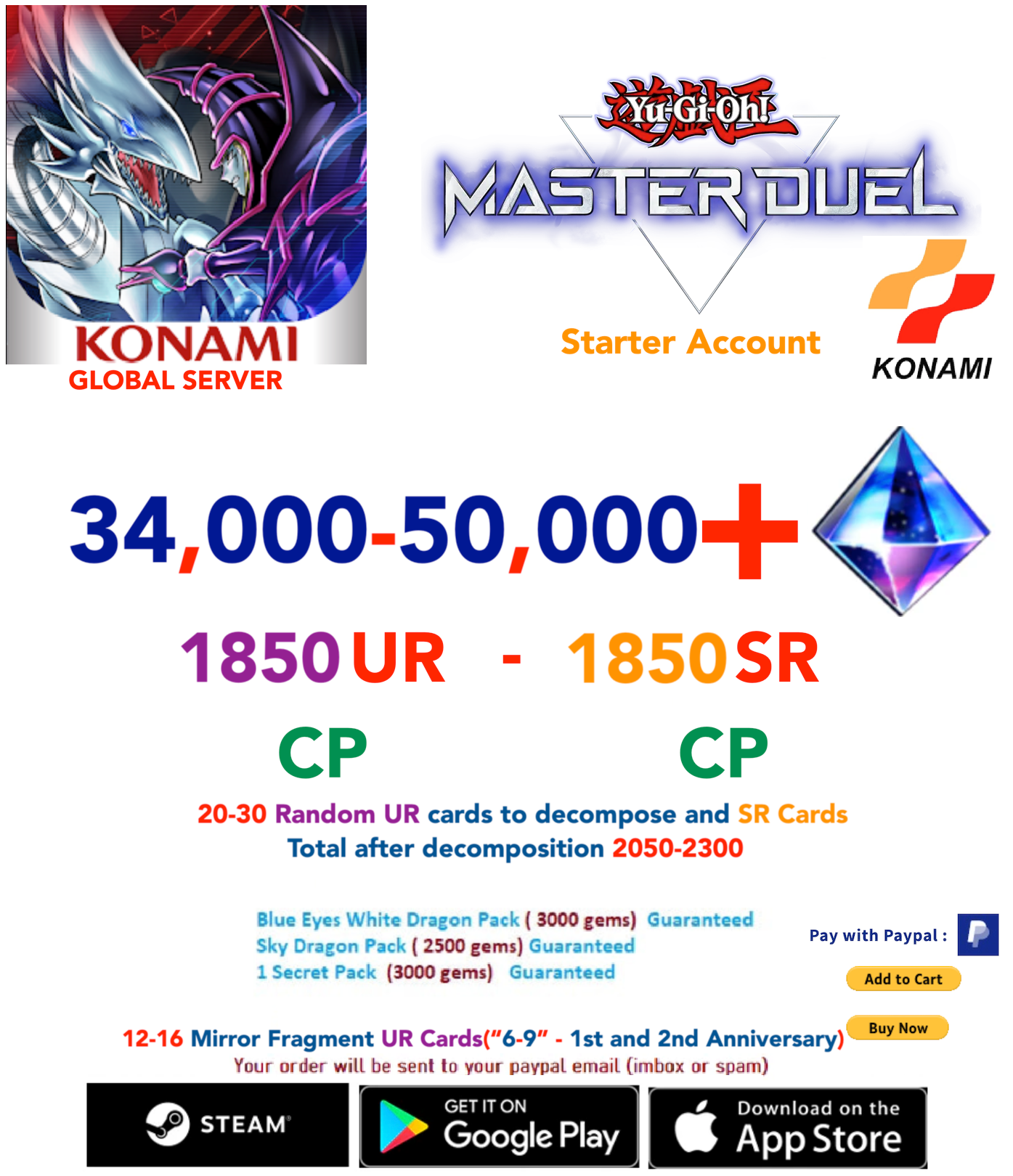 [SERVER GLOBAL]  34,000 - 50,000+Gems  (1850-2500) UR CP- 1850 SR CP  Yu-Gi-Oh! Master Duel Starter Reroll Account