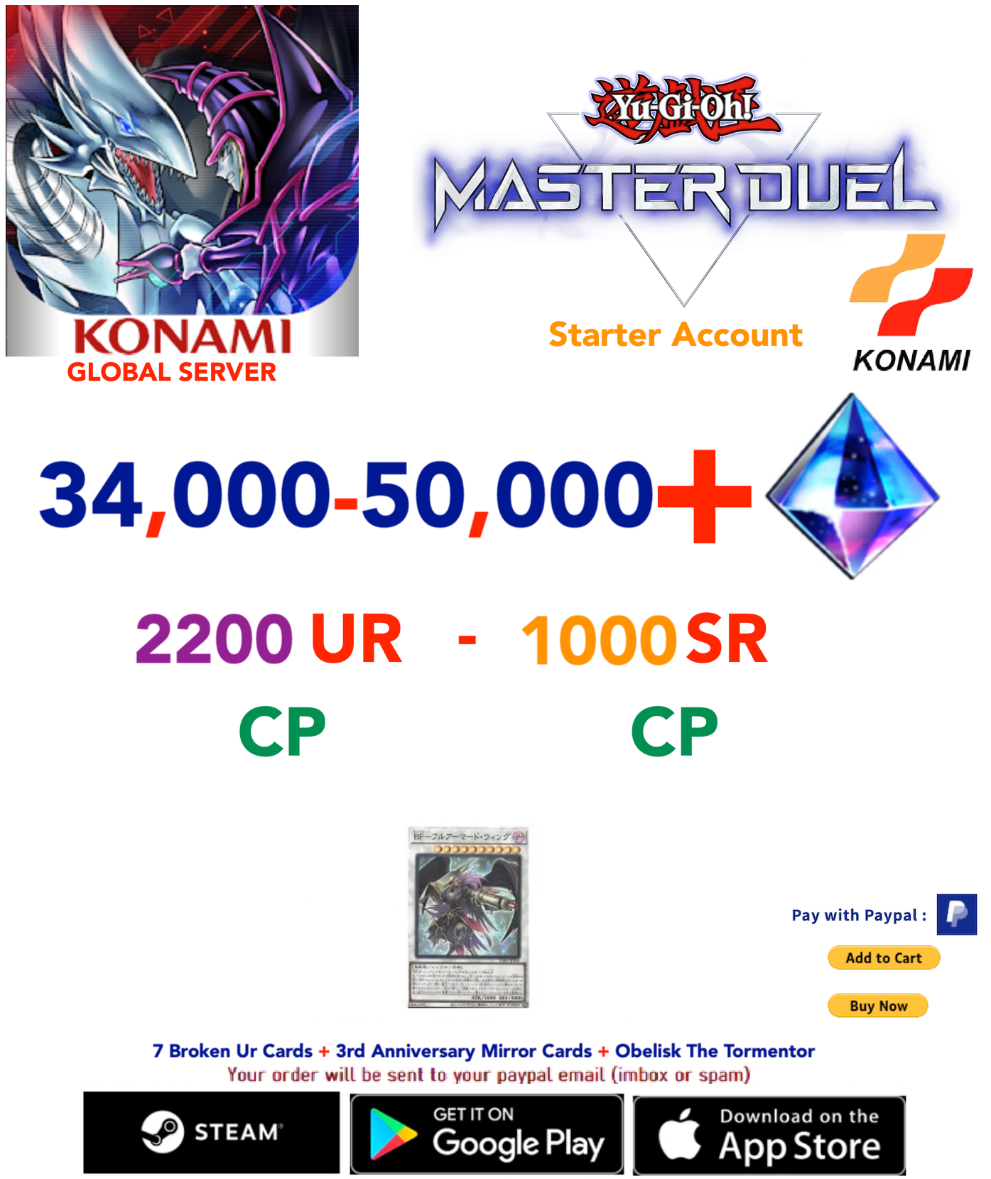 [SERVER GLOBAL]  34,000 - 50,000+Gems  (2200-2500) UR CP- 1000 SR CP  Yu-Gi-Oh! Master Duel Starter Reroll Account