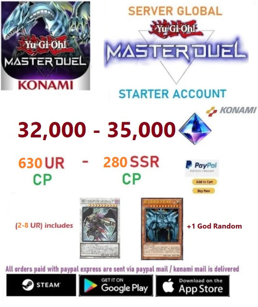 [SERVER GLOBAL/KONAMI]  32,000+Gems +  630 UR - 280 SSR   Yu-Gi-Oh! Master Duel Starter Reroll Account