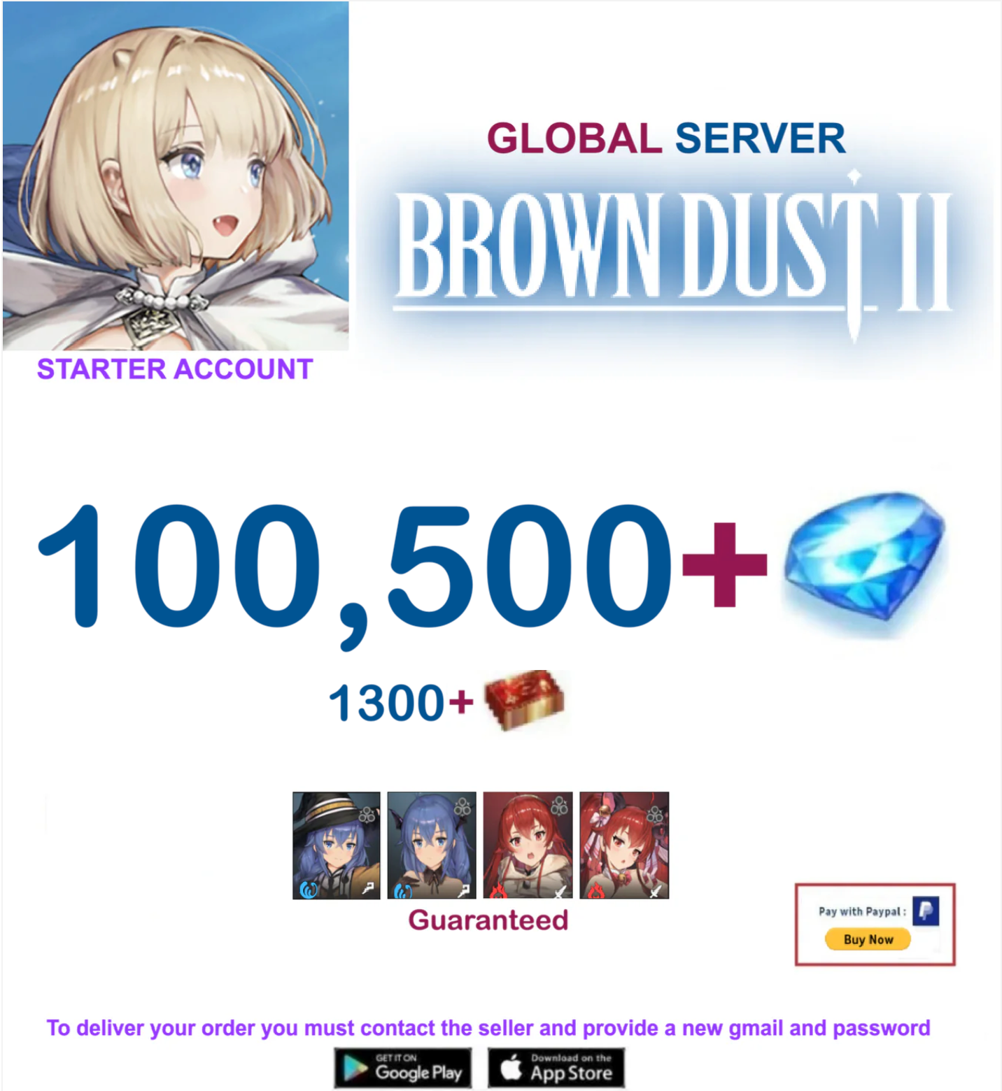 [Global Server/Unlinked] 100.500 Gems  BDust 2 x MT Collab  Starter Reroll Account