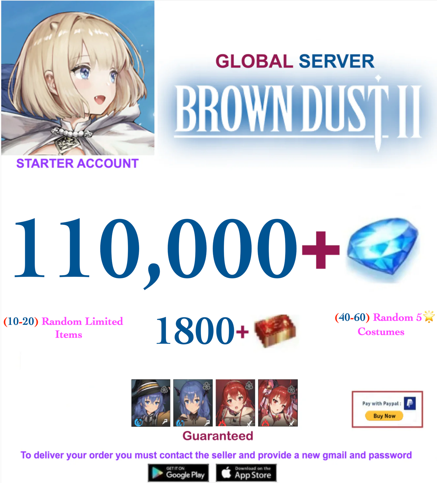 [Global Server/Unlinked] 110.000 Gems  BDust 2 x MT Collab  Starter Reroll Account