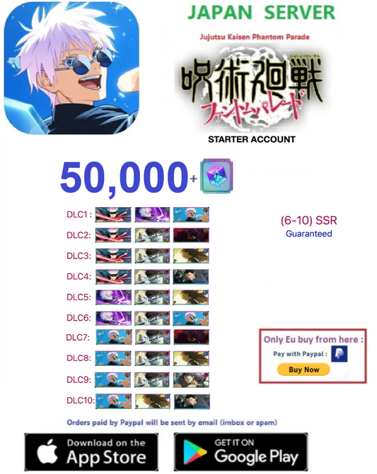 (Japan Server)  50,000  Gems +Multiple combinations available   Jujutsu Kaisen: Phantom Parade Reroll Starter Account