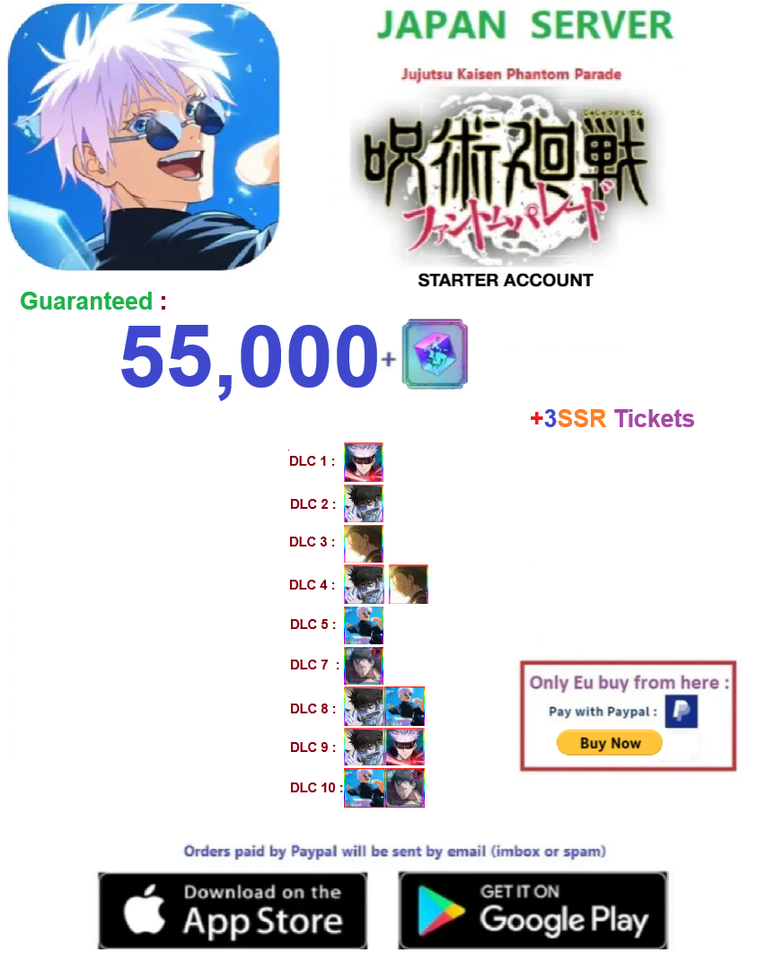 (Japan Server)  55,000  Gems  Jujutsu Kaisen: Phantom Parade Starter Account