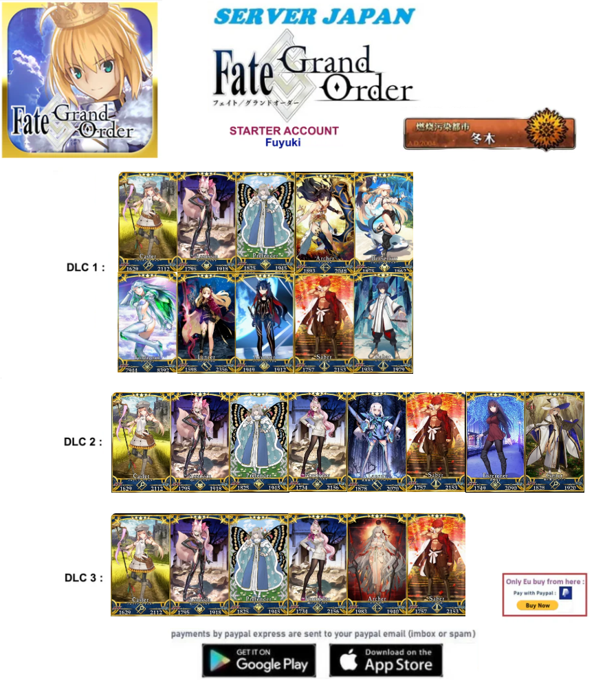 [JAPAN SERVER]  Altria Caster,Koyanskaya and Servants and servants   Fate Grand Order FGO Starter Account