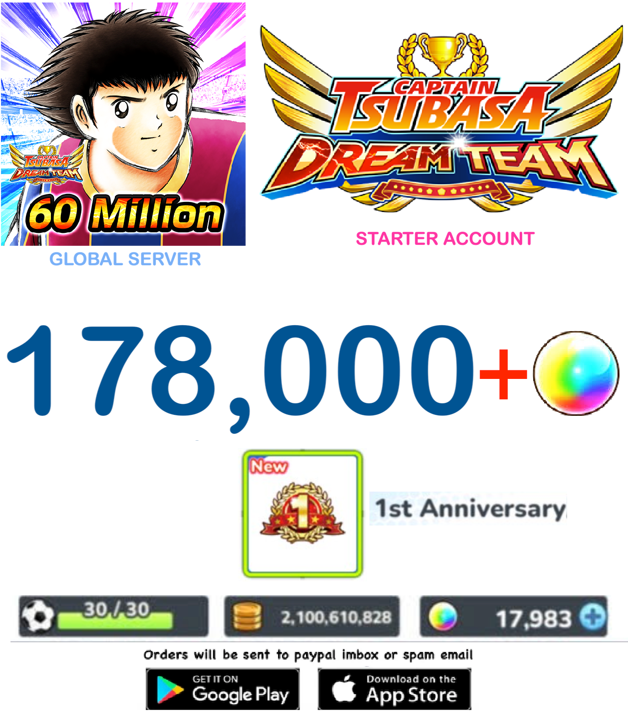 [GLOBAL SERVER] 17800 + DreamBalls   Captain Tsubasa : Dream Team  Starter Account v5