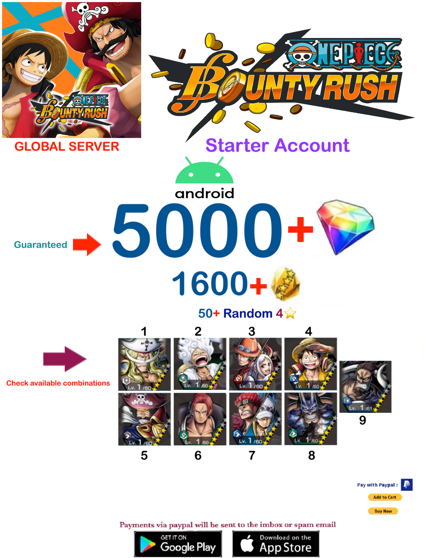 (Global Server-Only Android)  Multiple combinations One Piece Bounty Rush Account
