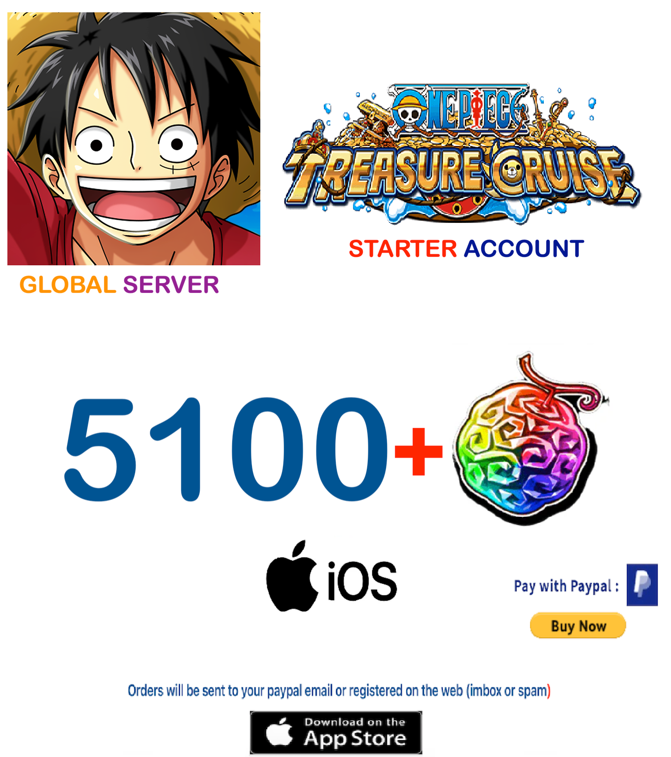 (Global Server/ IOS Version)  5100 + Gems  ONE PIECE Treasure Cruise Starter Account