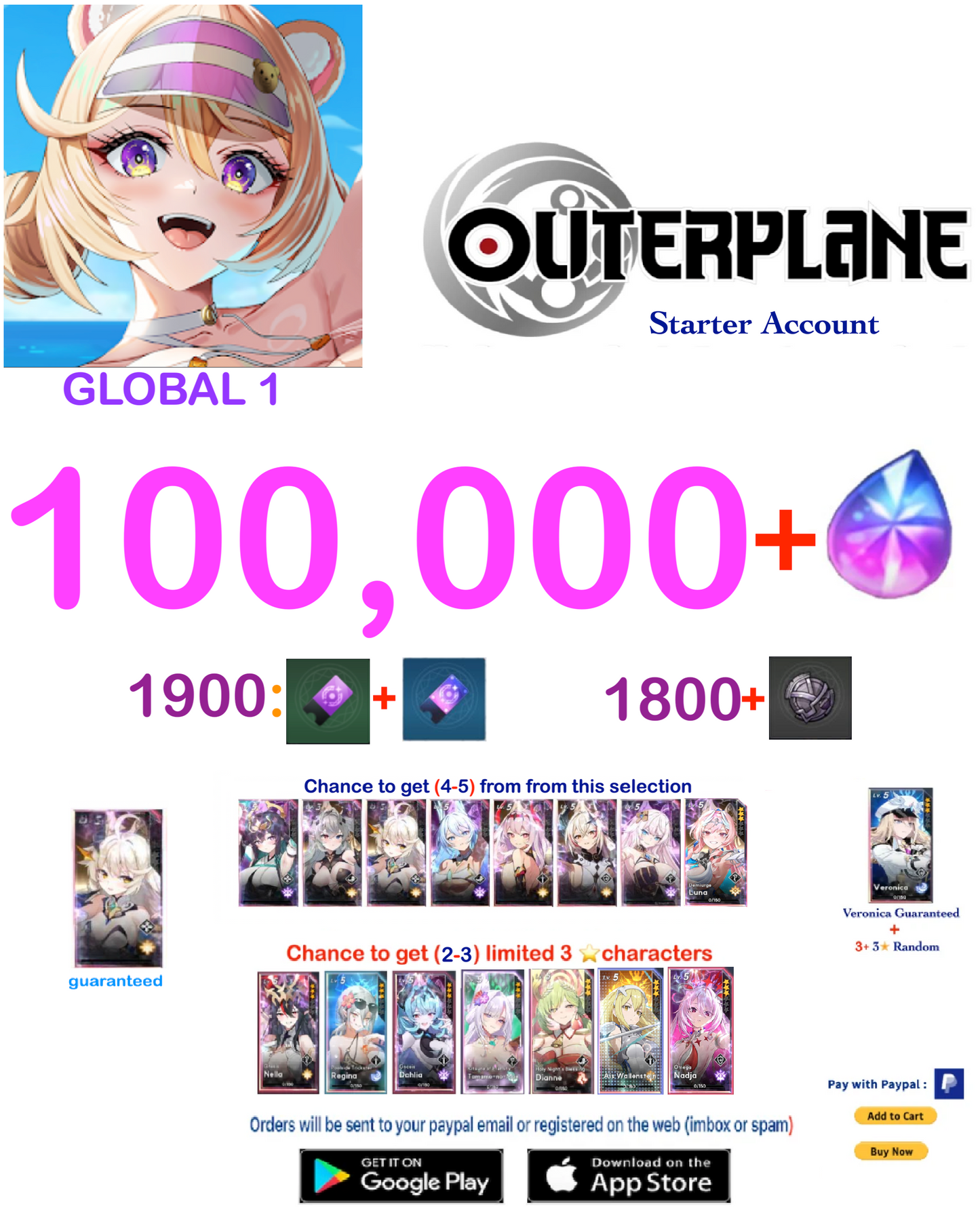 [GLOBAL 1 SERVER ] Outerplane 100.0000+ Ether   Reroll Starter Account v1