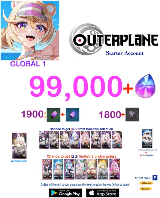 [GLOBAL 1 SERVER ] Outerplane 85.0000+ Ether   Reroll Starter Account v1