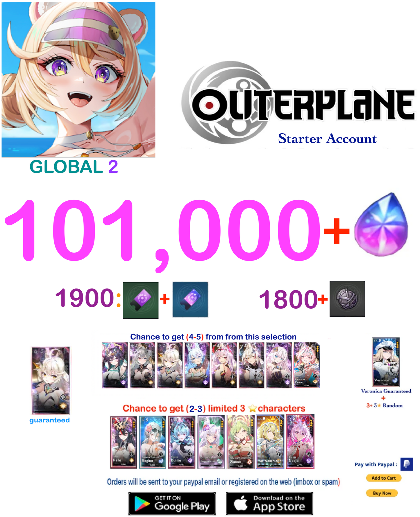 [GLOBAL 1 SERVER ] Outerplane 101.000+ Ether   Reroll Starter Account v1