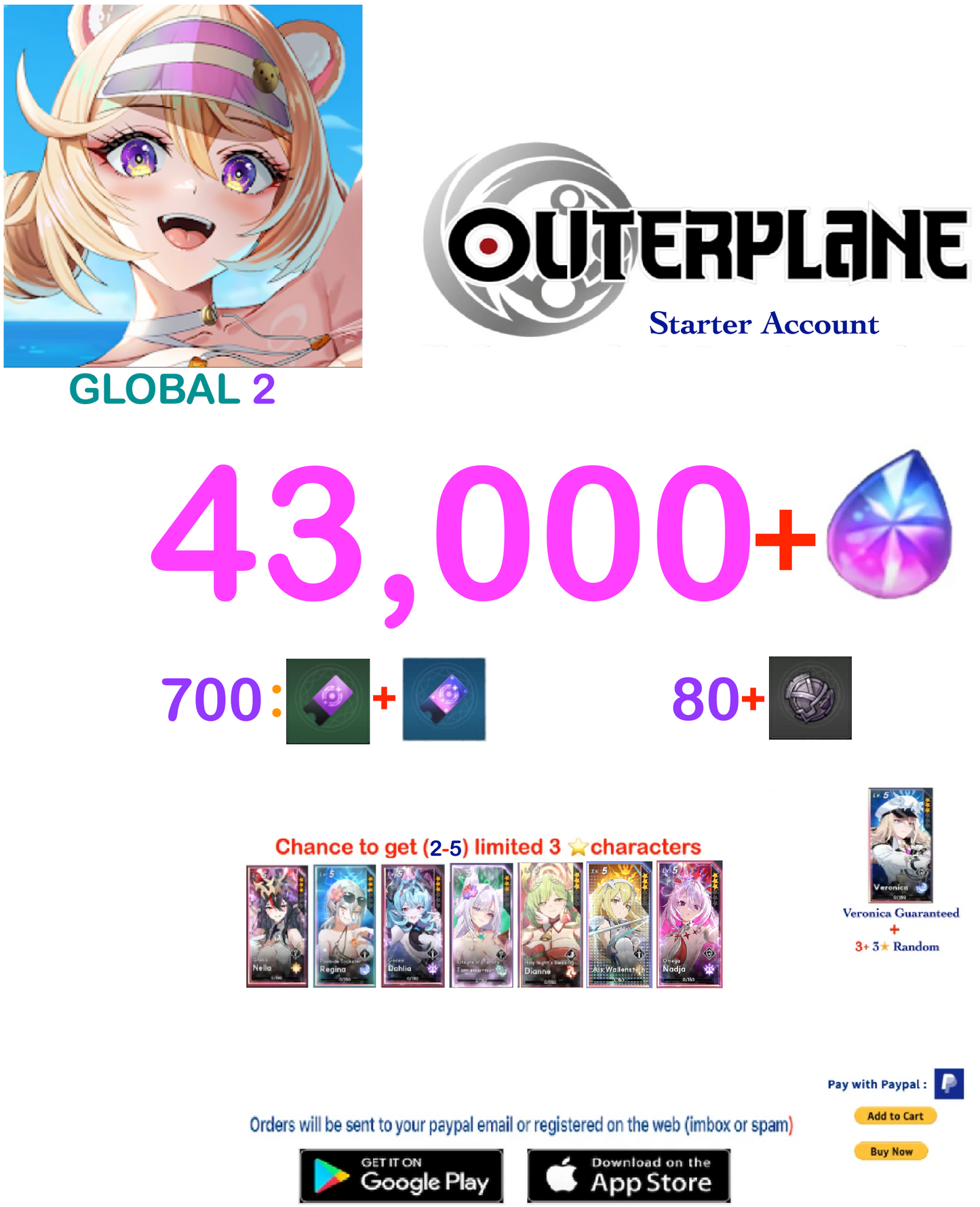 [GLOBAL 2 SERVER] Outerplane 43000+ Ether  Reroll Starter Account v3