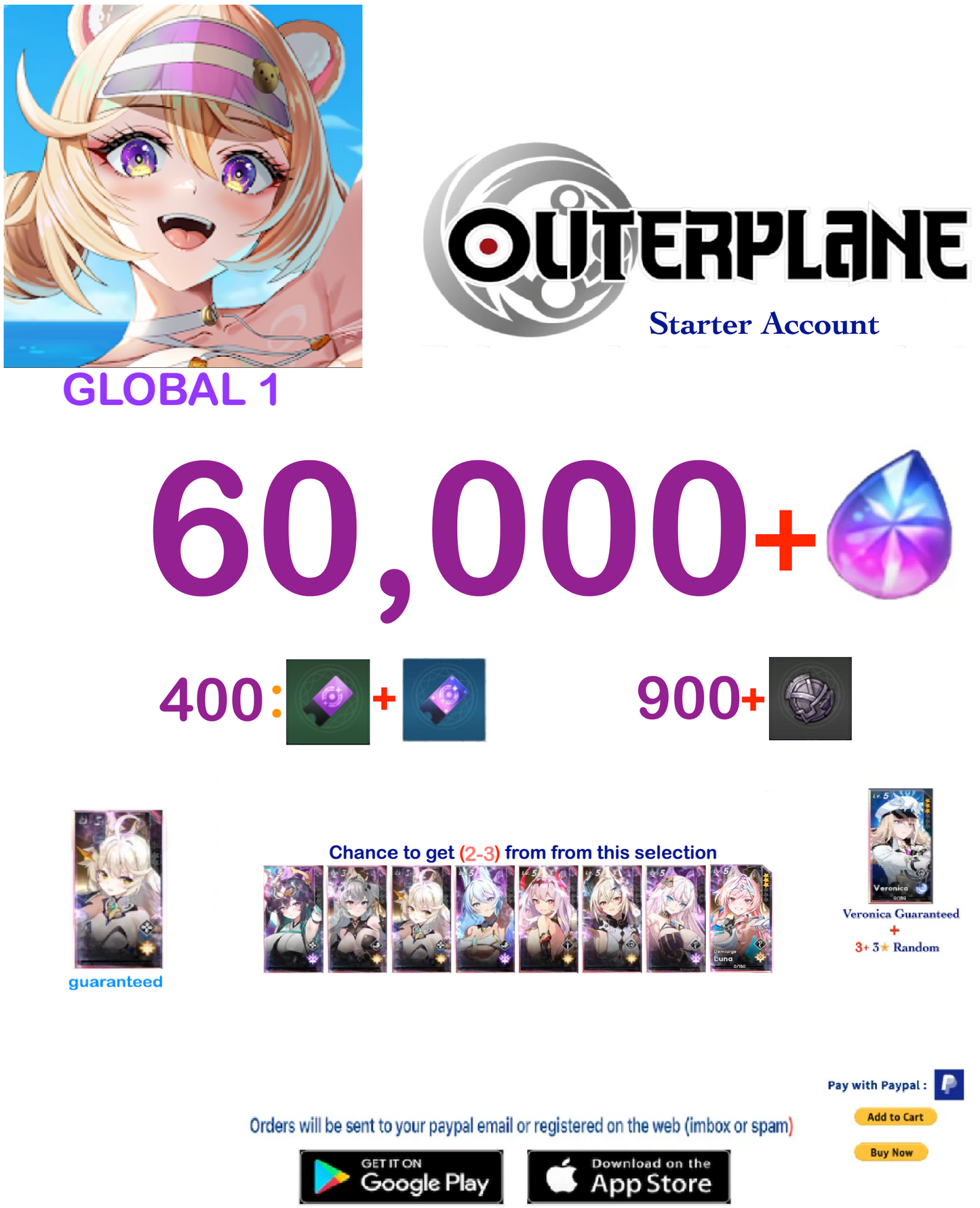 [GLOBAL 1 SERVER] Outerplane 60.000+ Ether  Reroll Starter Account
