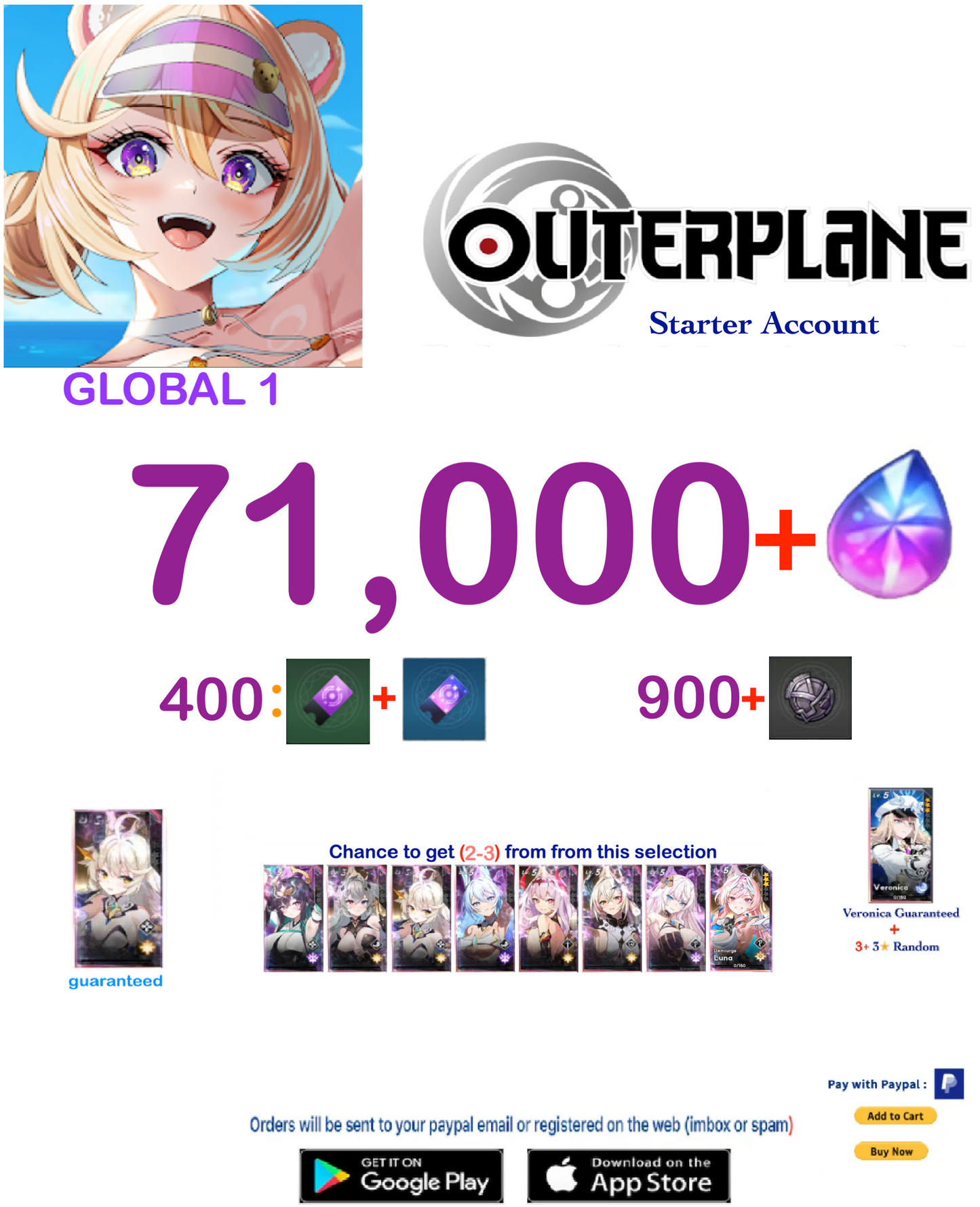 [GLOBAL 1 SERVER] Outerplane 71.000+ Ether  Reroll Starter Account