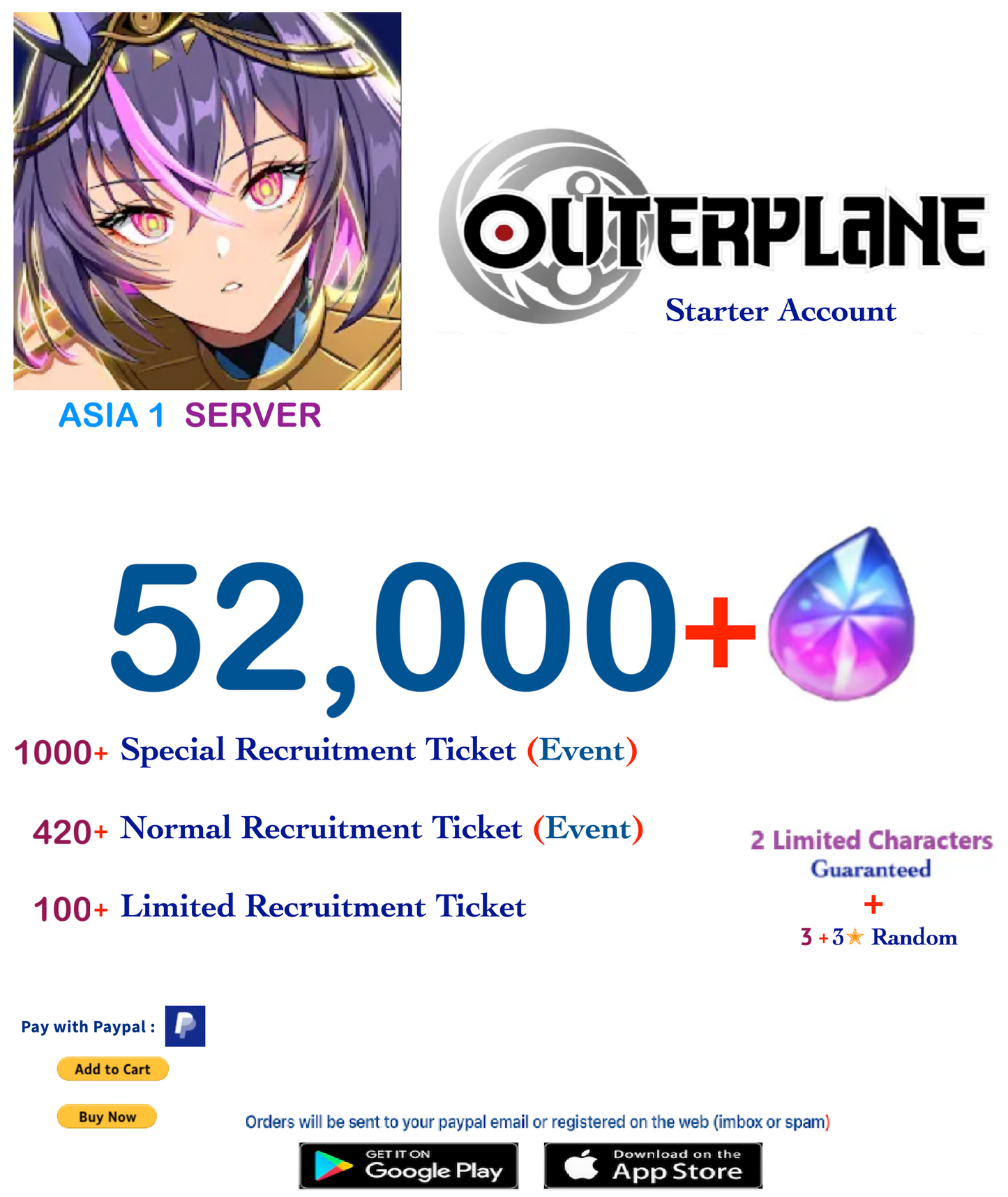 [Asia 1 Server] Outerplane 52,000 + Ether  Reroll Starter Account