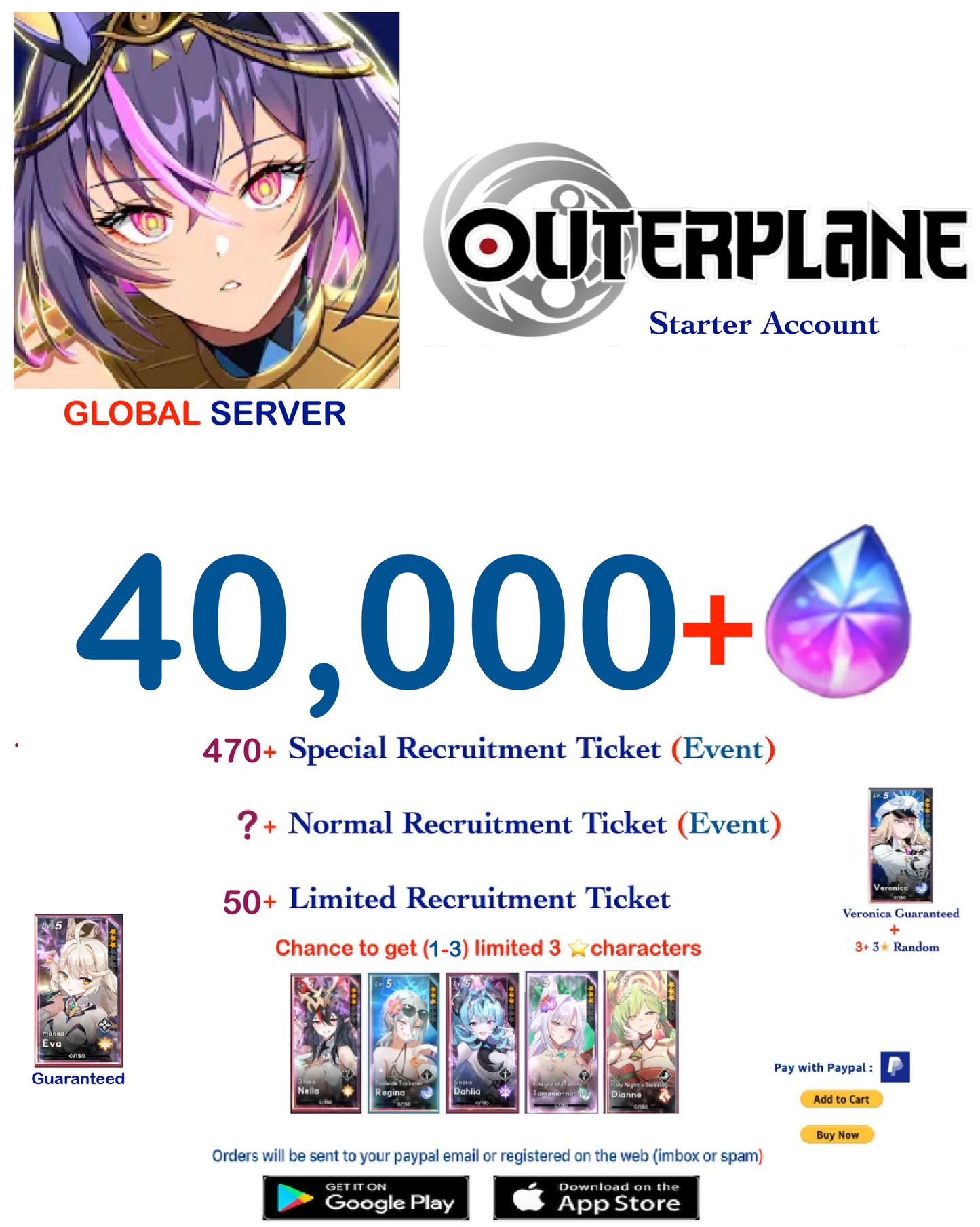 [Global Server] Outerplane 40,000+ Ether  Reroll Starter Account