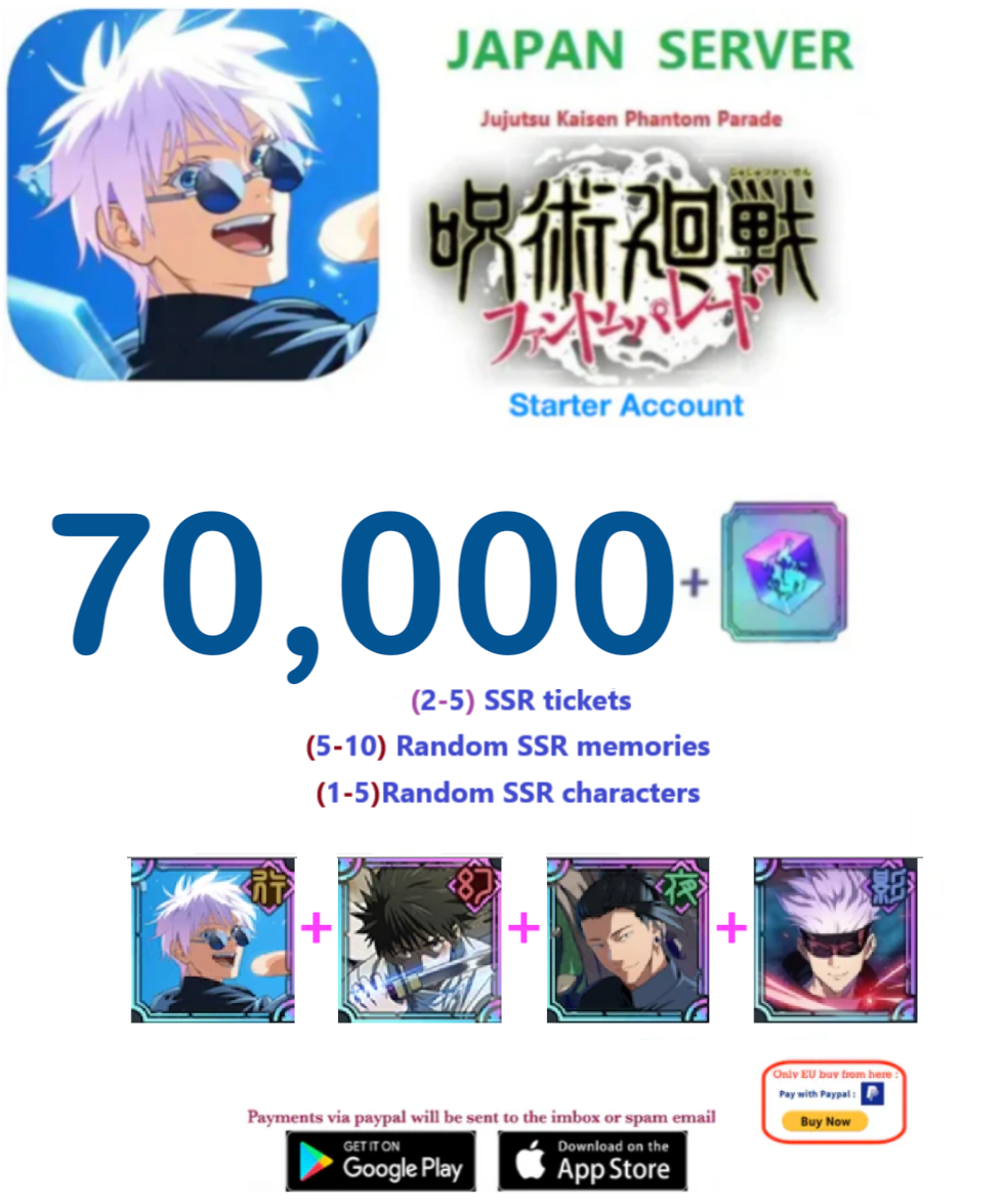 (Japan Server)  70,000  Gems     Jujutsu Kaisen: Phantom Parade Reroll Farmed Account v1