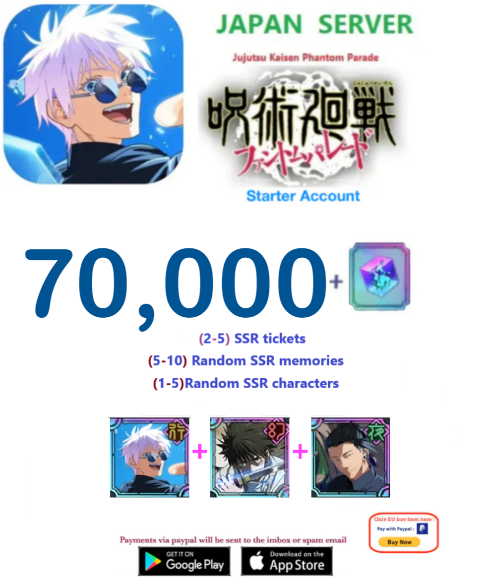 (Japan Server)  70,000  Gems     Jujutsu Kaisen: Phantom Parade Reroll Farmed Account