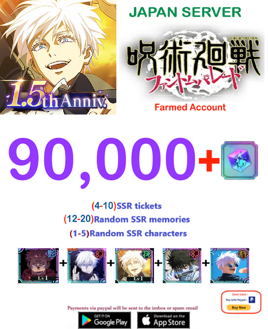 (Japan Server) 90,000  Gems Jujutsu Kaisen: Phantom Parade Farmed Account v5