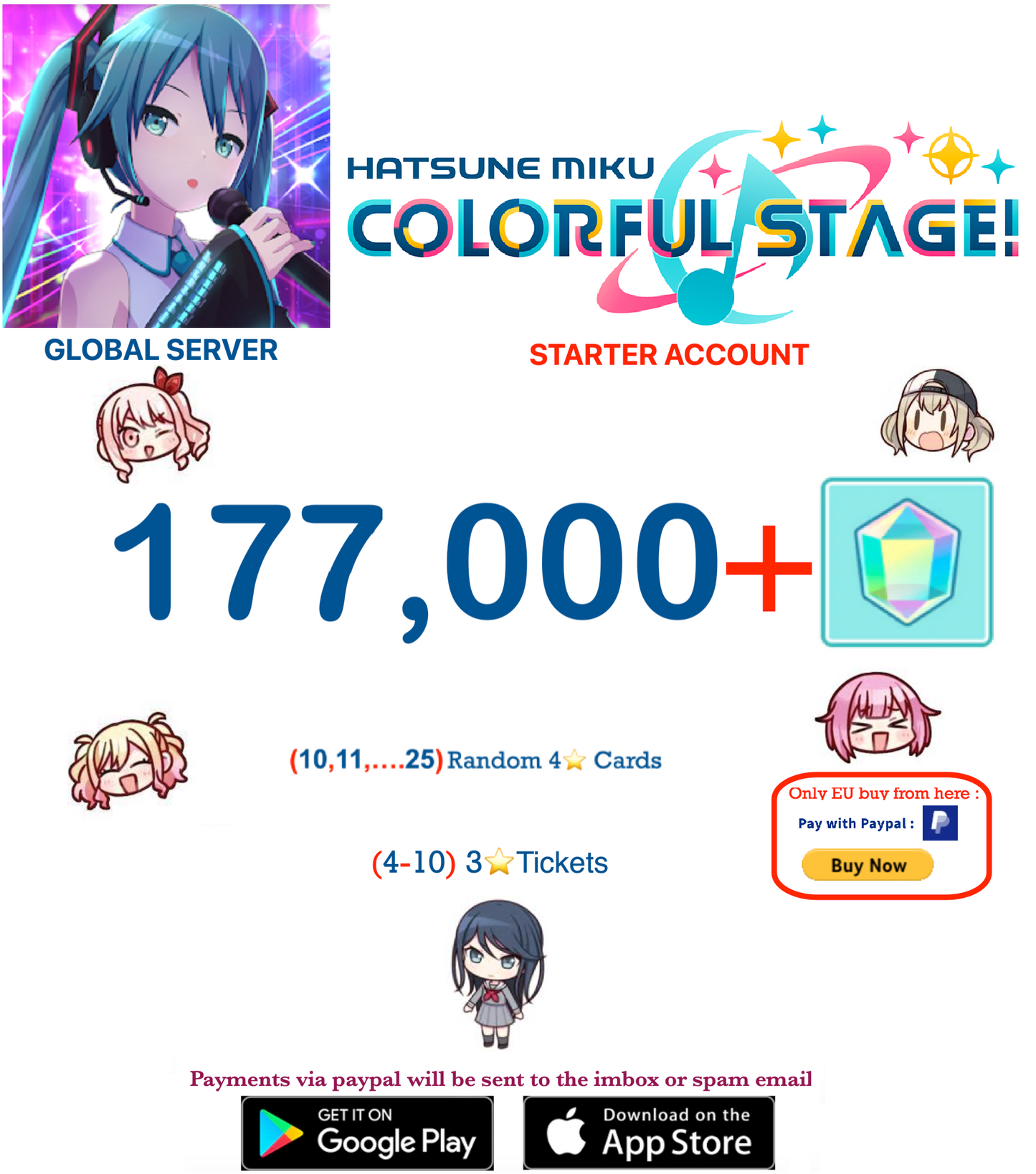 ⭐[GLOBAL][INSTANT DELIVERY]⭐  (10,11,12,13.... - 17) Random 4 ⭐   Project Sekai Colorful Stage ft. Hatsune Miku PJSekai Reroll Account !
