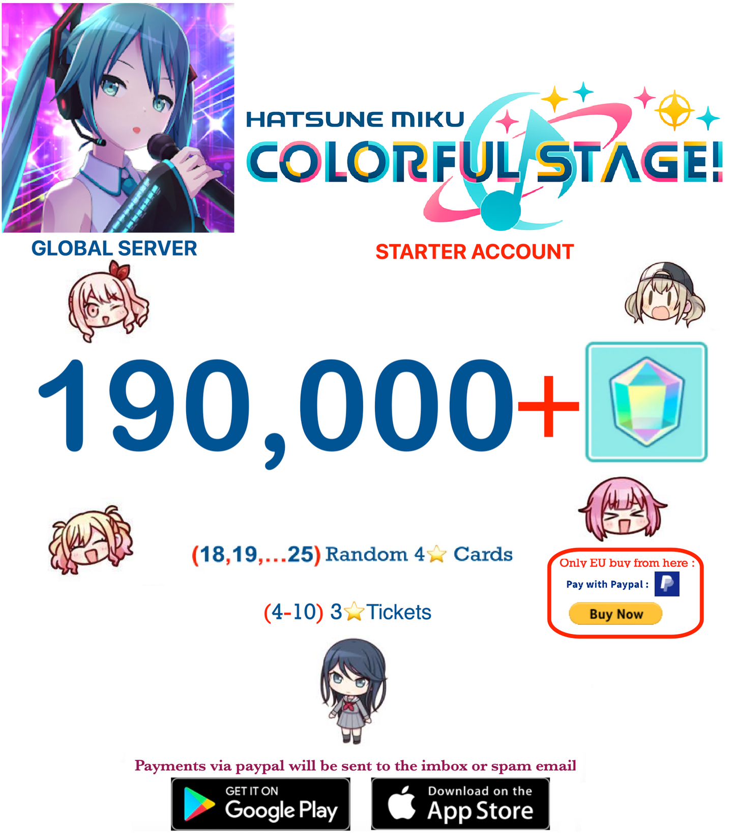 ⭐[GLOBAL][INSTANT DELIVERY]⭐ (18 - 25) Random 4 ⭐ Project Sekai Colorful Stage ft. Hatsune Miku PJSekai Reroll Account !