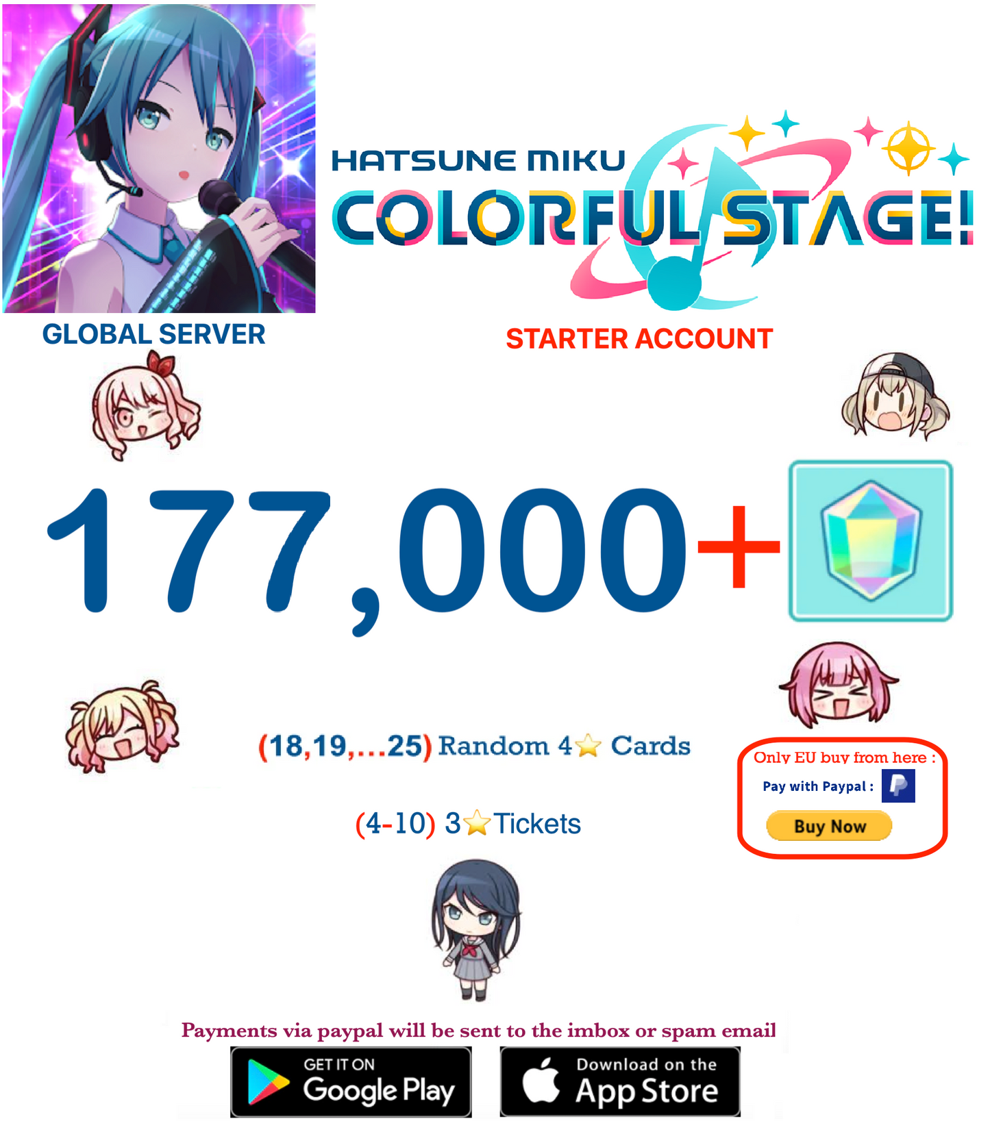 ⭐[GLOBAL][INSTANT DELIVERY]⭐ (18 - 25) Random 4 ⭐ Project Sekai Colorful Stage ft. Hatsune Miku PJSekai Reroll Account !