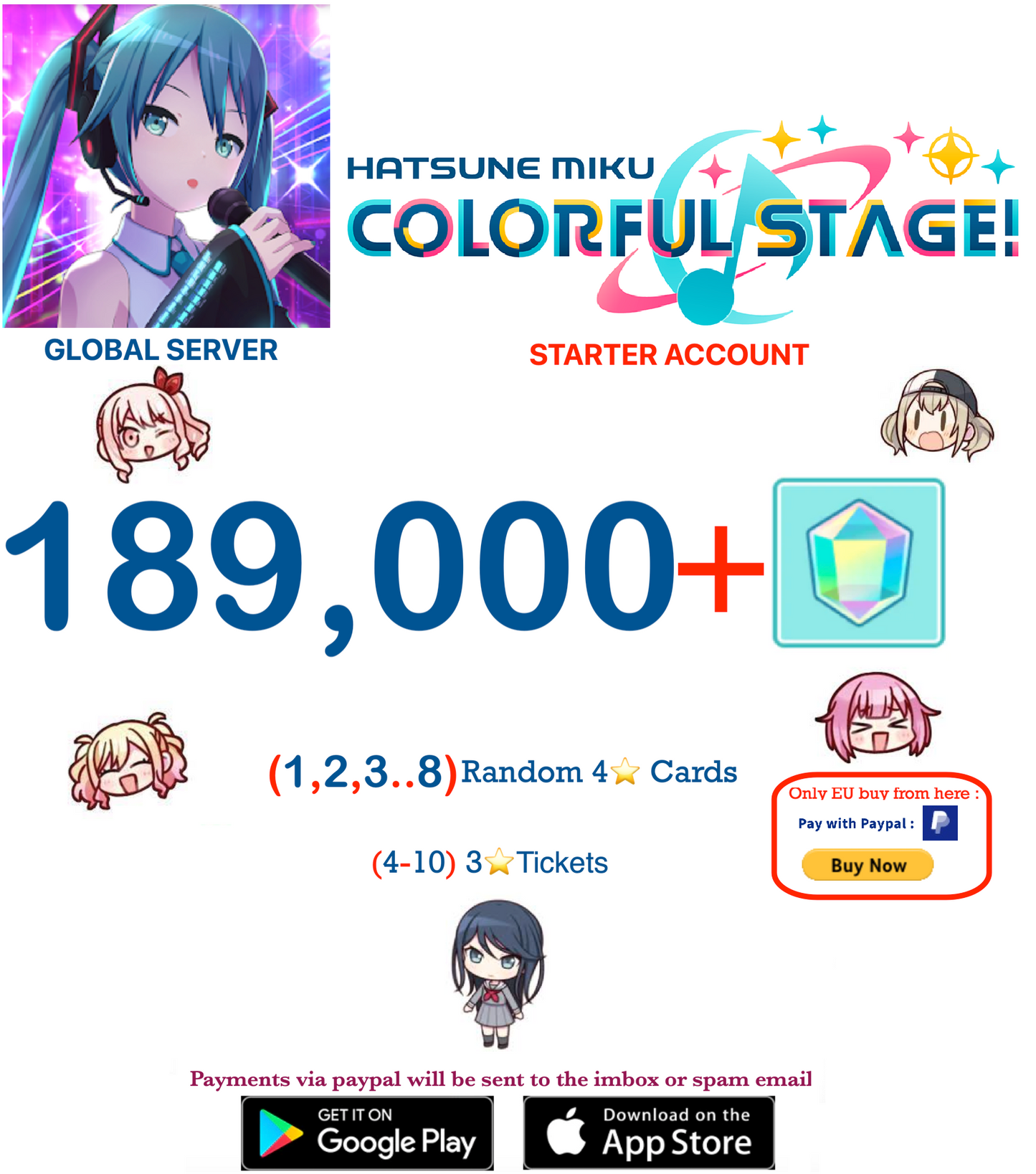 ⭐[GLOBAL][INSTANT DELIVERY]⭐   (1 - 9) Random 4 ⭐  Project Sekai Colorful Stage ft. Hatsune Miku PJSekai Reroll Account !