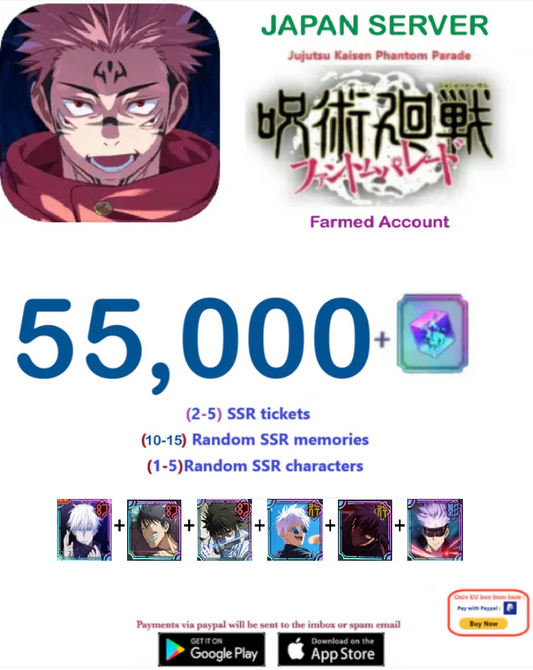 (Japan Server) 50,000  Gems Jujutsu Kaisen: Phantom Parade Farmed Account v5