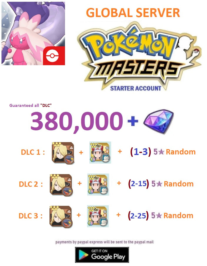 [Global Server/Android Version] 380,000 Gems + Multiple combinations  -  Pokemon Master Ex  Reroll Starter Account