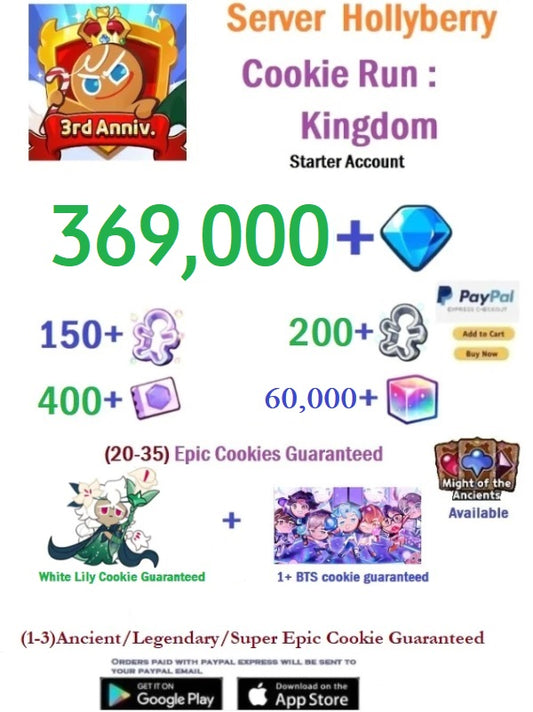 [GLOBAL/Hollyberry] 369,000+Gems  + White Lily Cookie + 1 or more BTS Cookie - Cookie Run: Kingdom Starter Reroll Account