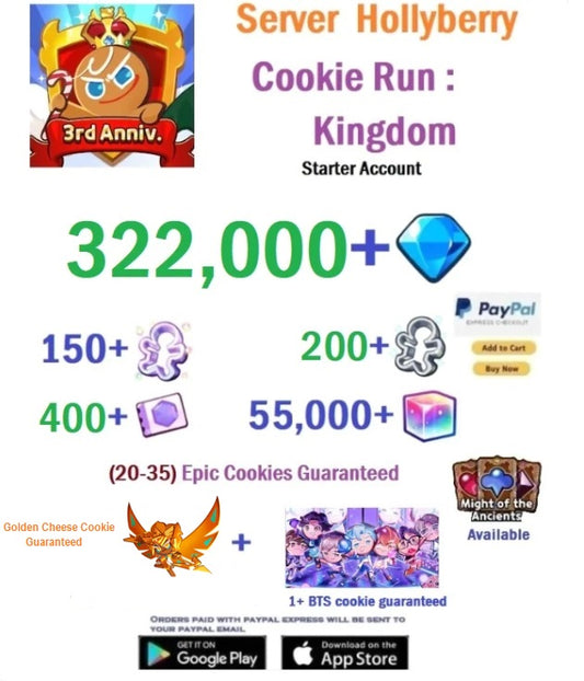 [GLOBAL/Hollyberry] 322,000+Gems  + Golden Cheese Cookie + 1 or more BTS Cookie - Cookie Run: Kingdom Starter Reroll Account