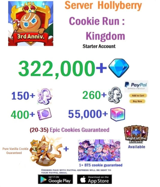 [GLOBAL/Hollyberry] 322,000+Gems  + Pure Vanilla Cookie + 1 or more BTS Cookie - Cookie Run: Kingdom Starter Reroll Account