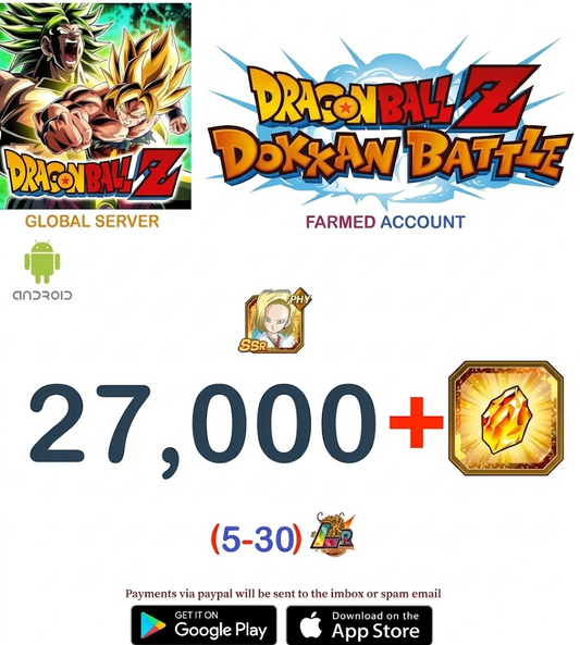 (Global Server)(ANDROID VERSION) 27000 + Dragon Stones Dragon Ball Dokkan Battle Farmed Account