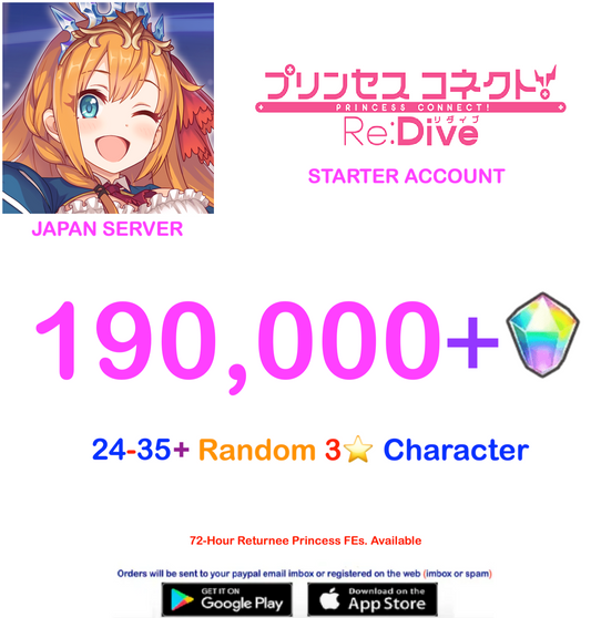 [JAPAN SERVER] 190,000+Gems + Princess Connect! Re:Dive Starter Reroll Account v3