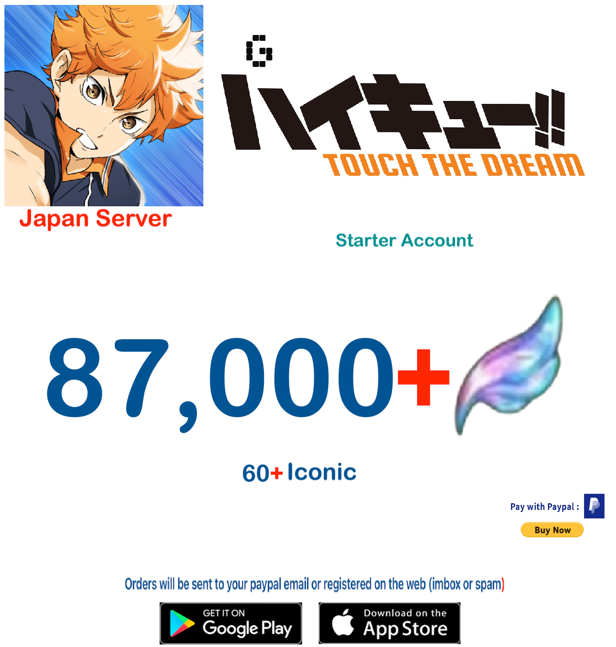 (Japan Server)  87,000 Gems +  HAIKYU!! TOUCH THE DREAM Starter Account