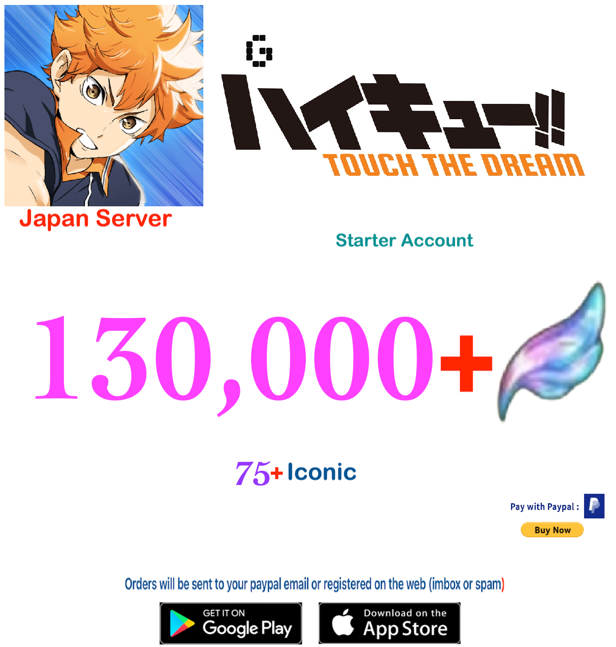 (Japan Server)  130,000 Gems +  HAIKYU!! TOUCH THE DREAM Starter Account