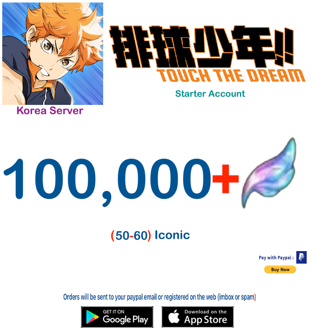 (Korea Server)  100,000 Gems +  HAIKYU!! TOUCH THE DREAM Starter Account