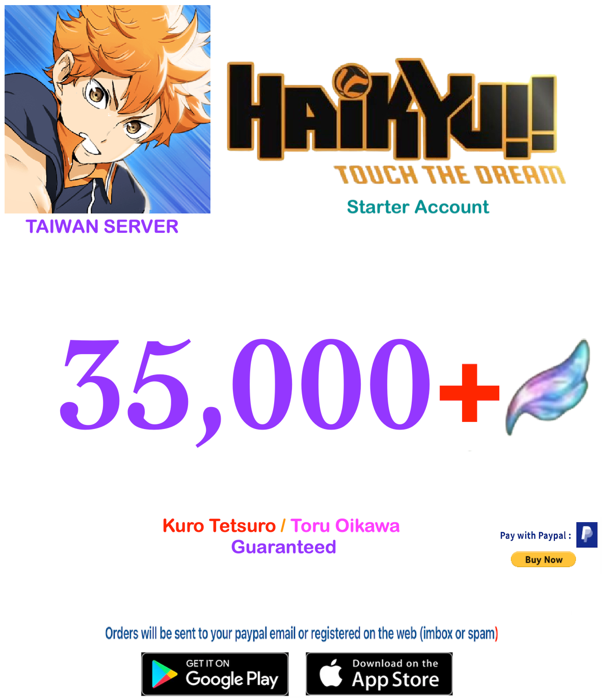 (Taiwan Server)  35.000 Gems +  HAIKYU!! TOUCH THE DREAM Starter Account
