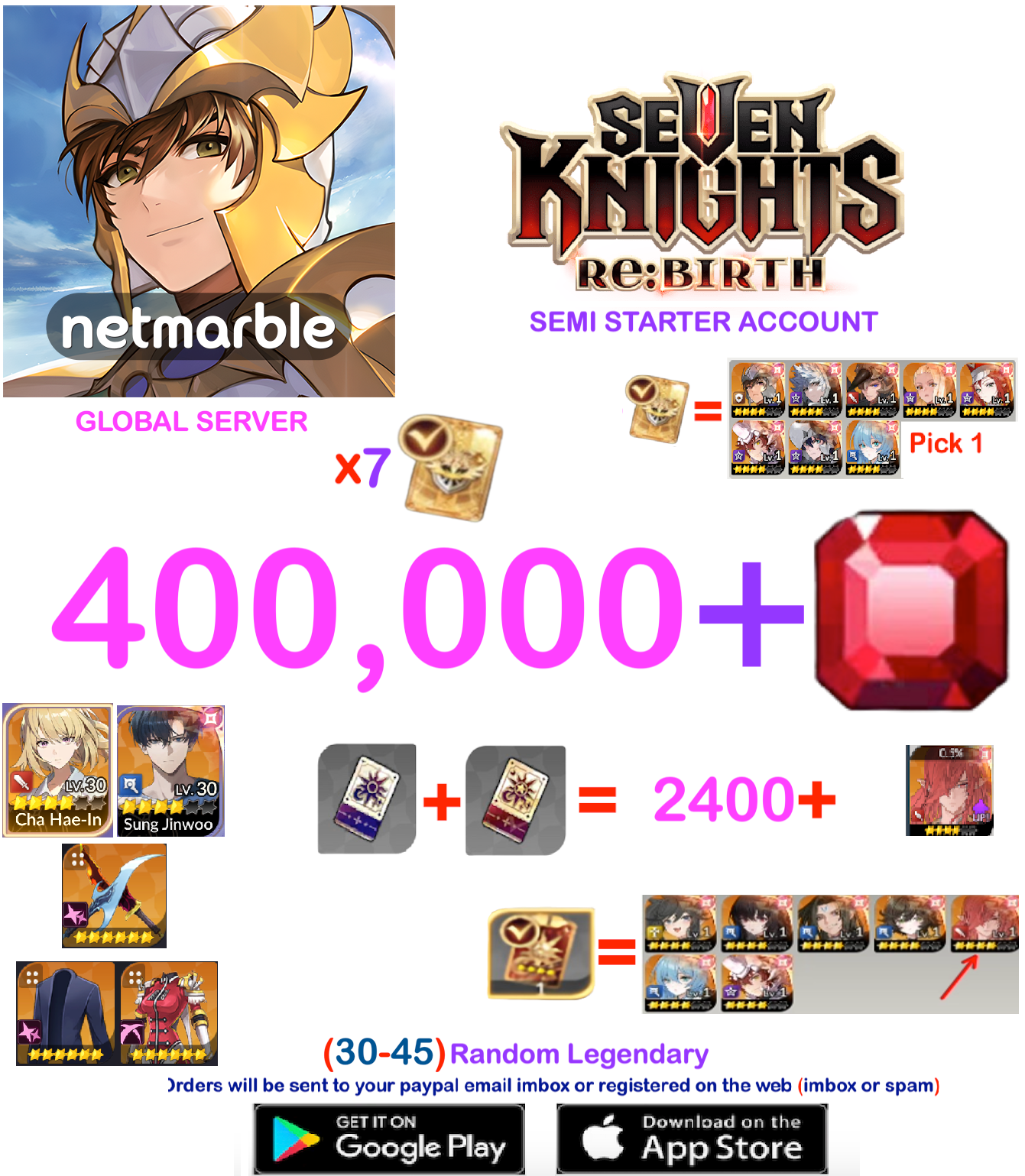 [GLOBAL SERVER] 400.000 + Gems  Seven Knights Re:BIRTH Starter Semi - Account v3