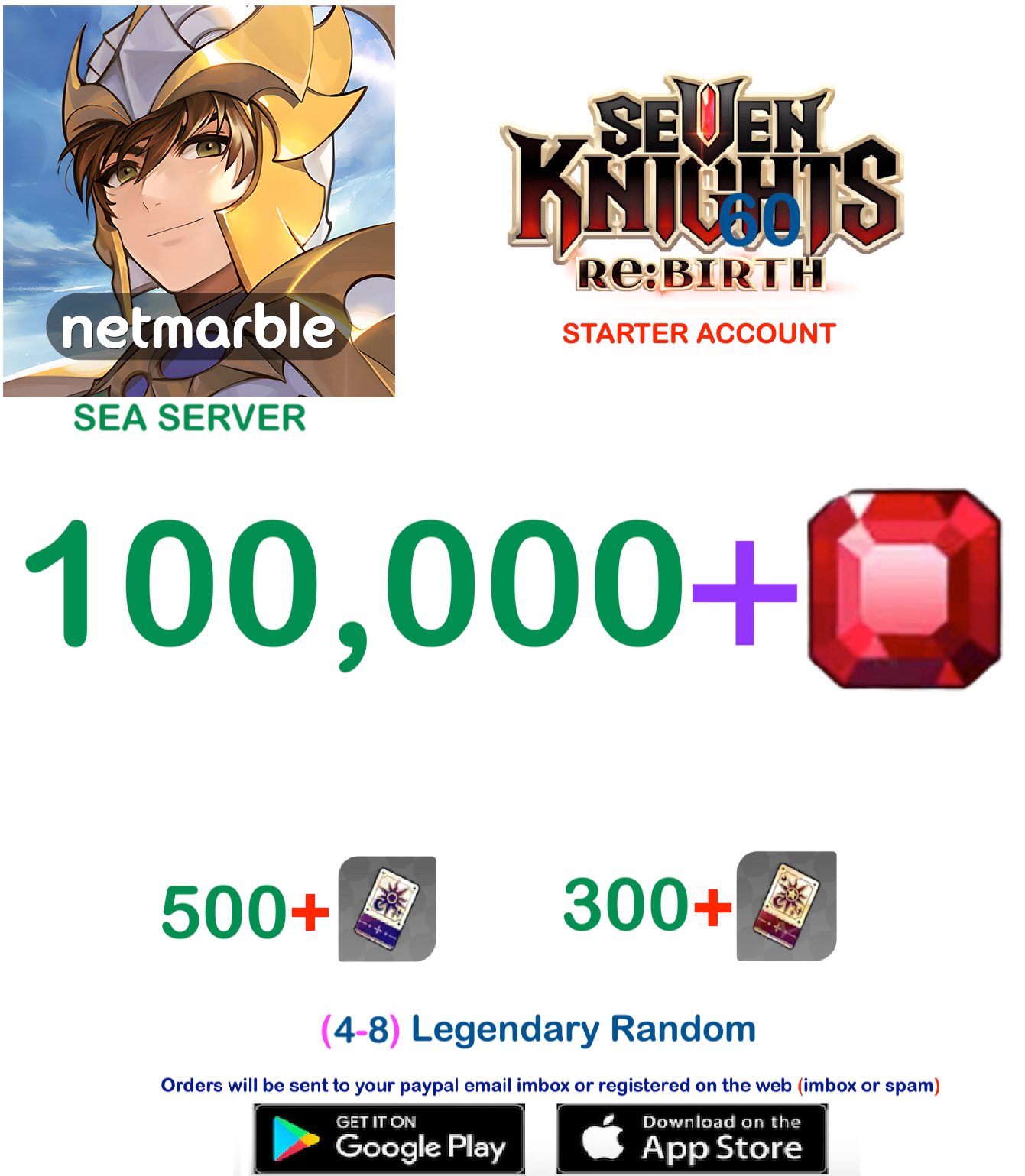 [GLOBAL SERVER][REGION SEA] 100,000 + Gems  Seven Knights Re:BIRTH Starter Semi - Account v7