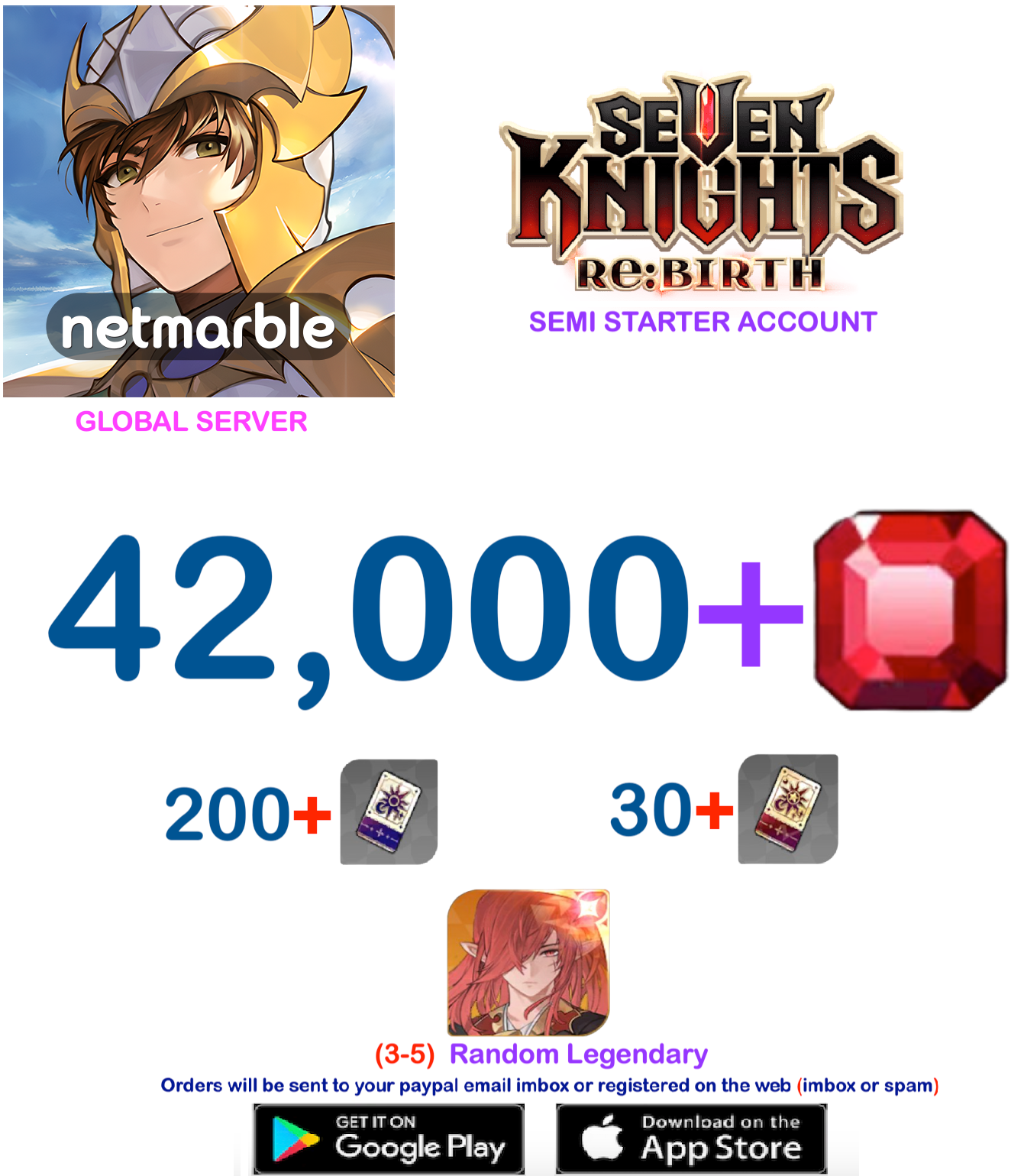 [GLOBAL SERVER] 42.000 + Gems  Seven Knights Re:BIRTH Starter Semi - Account