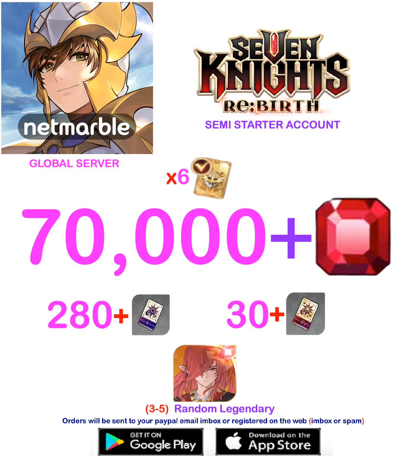 [GLOBAL SERVER] 70.000 + Gems  Seven Knights Re:BIRTH Starter Semi - Account
