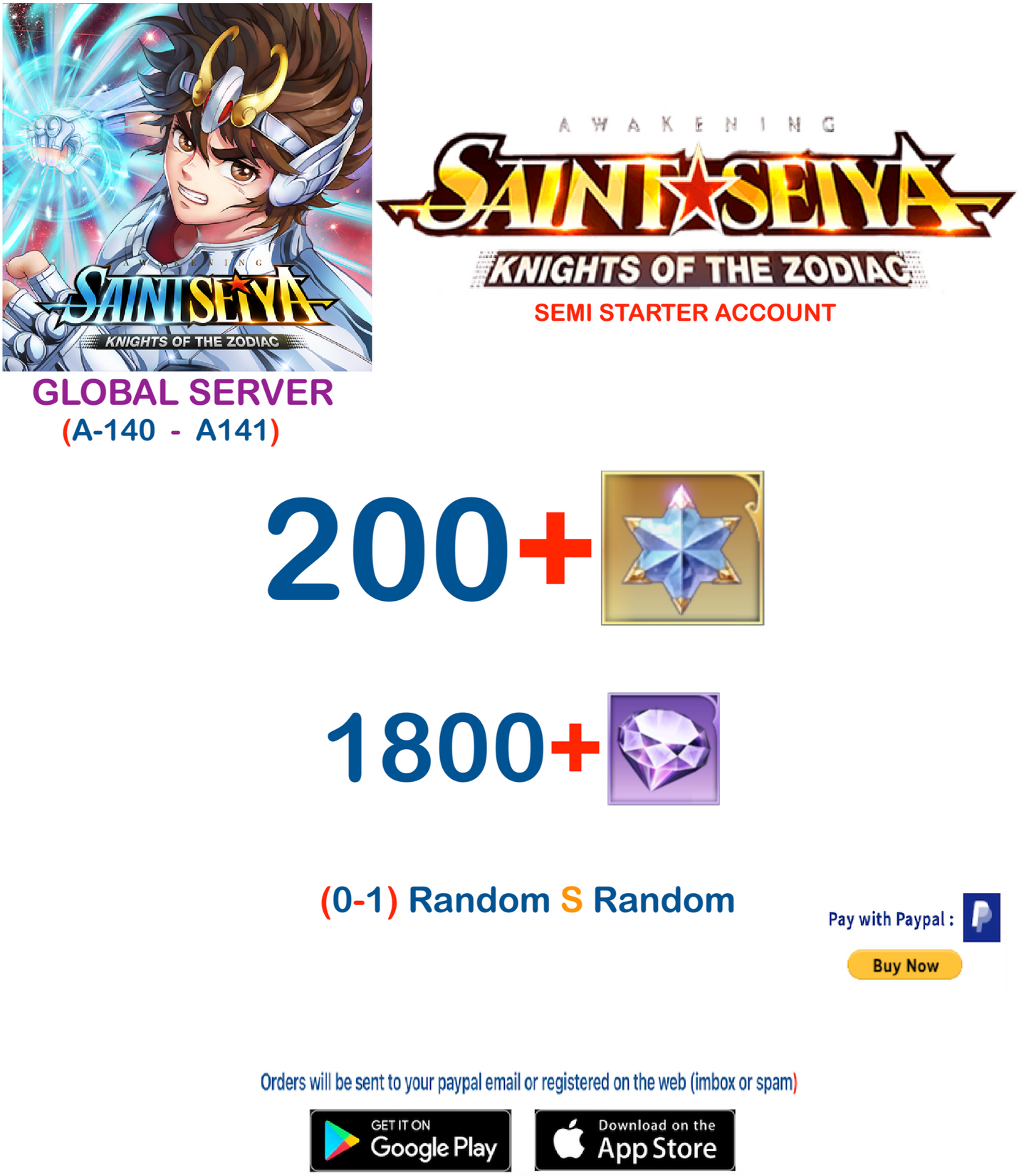 (Global Server)  200 Advanced Gems Saint Seiya Awakening KOTZ Semi Starter Account