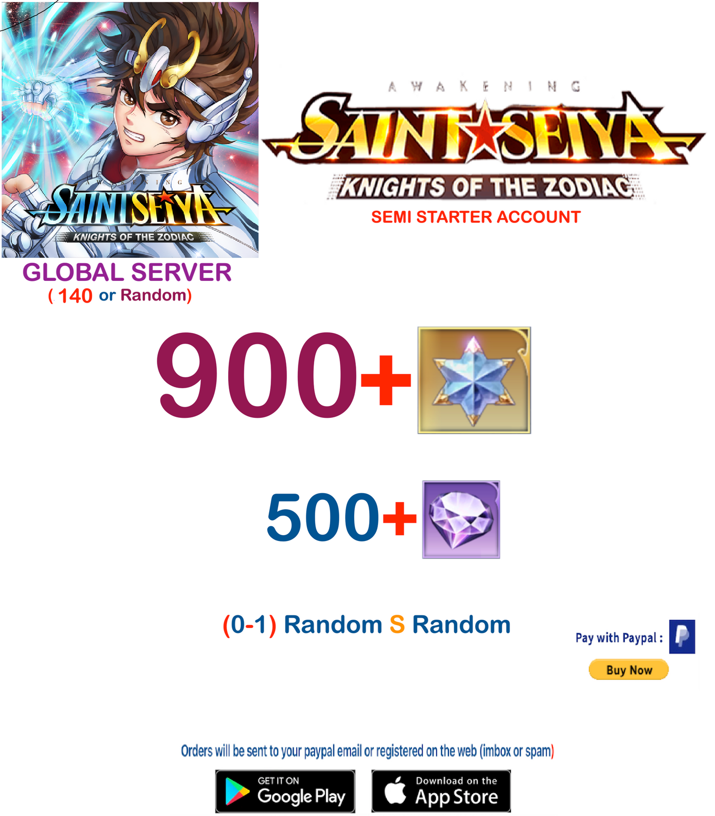 (Global Server)  900 Advanced Gems Saint Seiya Awakening KOTZ Semi Starter Account